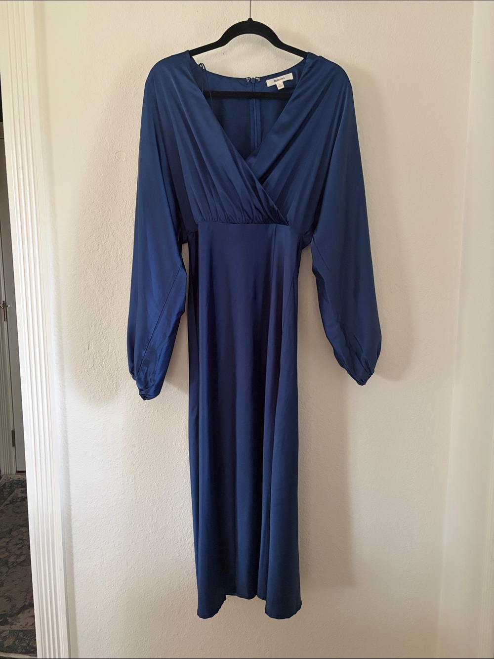 Midi length silky blue dress with long loose sleeves from Evereve size L